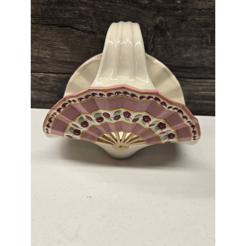 Vintage Ceramic Fan Basket Floral Hand Painted Pink Cream Decorative Dish 8in